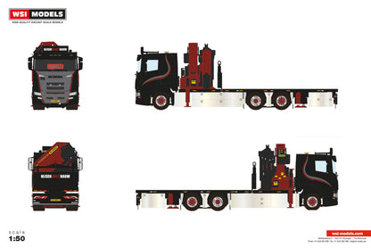 WSI Hijsen in het Nauw; SCANIA R FLAT ROOF SLEEPER CAB RIGED FLATBED TRUCK 6X2 TAG AXLE WITH PALFINGER PK 65002 SH + JIB