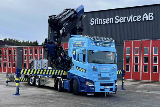 WSI Jinert SCANIA R HIGHLINE CR20H RIGED FLATBED TRUCK 8X2 TAG AXLE WITH PALFINGER PK 78002 SH + JIB