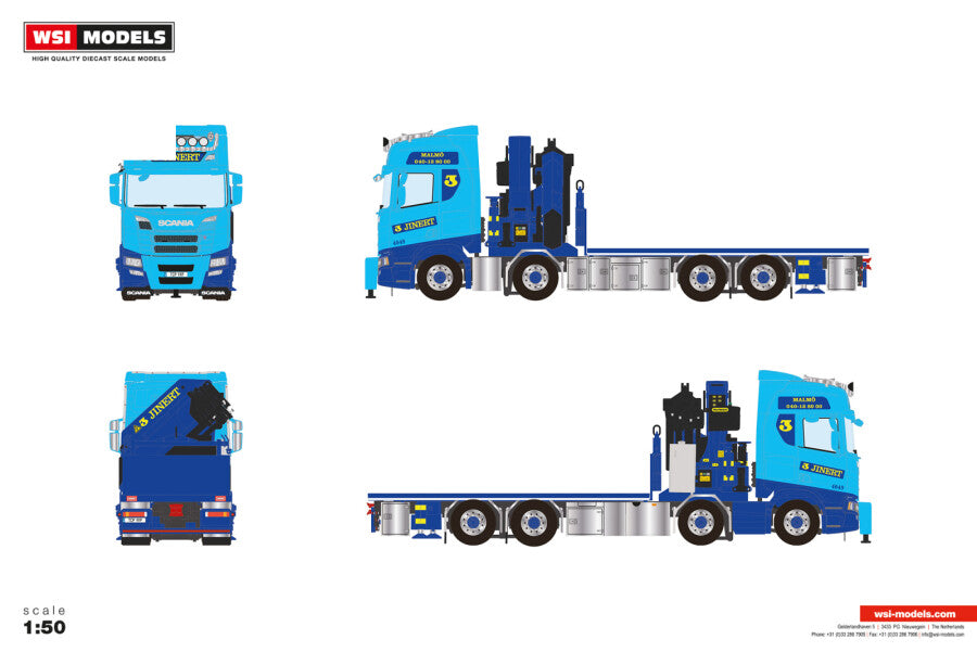 WSI Jinert SCANIA R HIGHLINE CR20H RIGED FLATBED TRUCK 8X2 TAG AXLE WITH PALFINGER PK 78002 SH + JIB